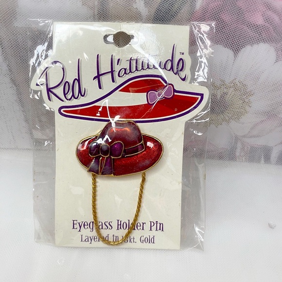 Jewelry Vintage Red Hattitude Eyeglass Holder Pin Layered In 18k Gold